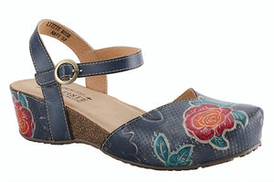 The Lizzie Rose is a  French inspired, hand-painted leather mary-jane perforated wedge clog embosed with rose flowers design and fashioned with an antiqued metal buckle. Heel Height approximately 1 .75 inches. L’Artiste products are made with natural tanned leather using traditional hand painting techniques. This unique finishing process is used to create a natural effect with color variations to deliver authentic look and beauty.