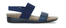 Load image into Gallery viewer, The Munro American Pisces is made of leather and fabric on a cork/latex combination footbed with a XL Ultralite outsole. The EU styled footbed sandal is shock absorbent, flexible and slip resistant.  Heel height is approximately 1.5 inches.
