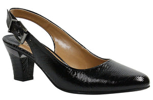 Time for a fresh stylish basic that you can wear with anything from tailored suits to feminine dresses.  The lizard print texture adds style and interest for an everyday silhouette.  Features a memory foam insole for added cushion & comfort and and adjustable strap for easy wear.  Heel height is approximately 2 inches.