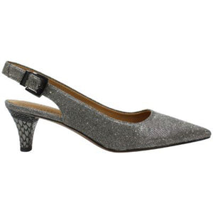Be chic and sophisticated with this special mid heel sling back pump wrapped in dance glitter fabric and gorgeous embossed metal heel. Be extraordinary day or night for your special event. The Mayetta features a memory foam insole for added cushion and comfort. Heel height approximately 2 inches.