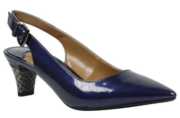 Feel chic and sophisticated with this special sling-back pump wrapped in pearlized patent with a gorgeous metal embossed heel.  Be extraordinary day or night in anything from denim to dress.  Features a memory foam insole for added cushion and comfort.  Heel height is approximately 2 inches.
