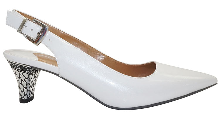Feel chic and sophisticated with this special sling-back pump wrapped in pearlized patent with a gorgeous metal embossed heel.  Be extraordinary day or night in anything from denim to dress.  Features a memory foam insole for added cushion and comfort.  Heel height is approximately 2 inches.
