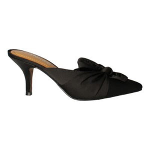 This beautiful slide is made of satin with a synthetic lining and synthetic sole on a 2.75 inch heel. This style also features a shaped closed toe with a decorative bow. Insole features memory foam.