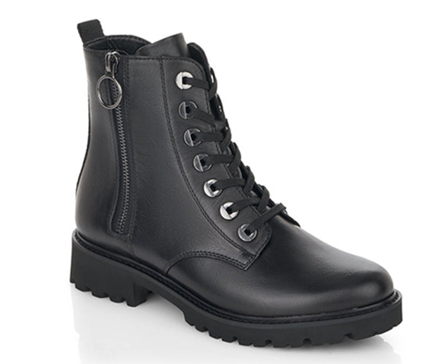 This on trend boot is made by the Remonte division of Rieker.  Features a functional side zipper, soft removable insole, velvet lining and lightweight sole.  Heel height is approximately 1.5 inches.