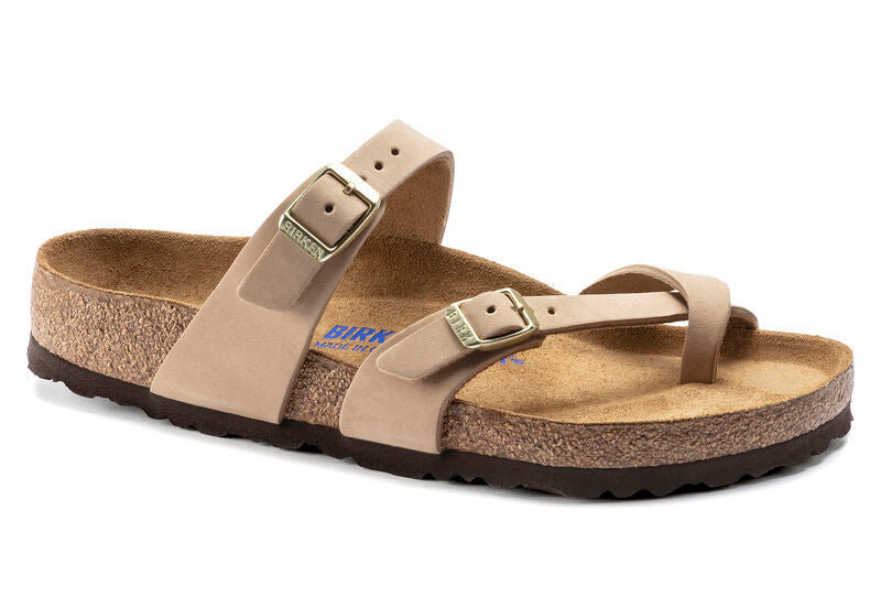 The Mayari from Birkenstock is an elegantly comfortable sandal with adjustable, crisscrossing straps that form a single loop around the toe.   Features a soft footbed, classic support and adjustability. Heel height approximately 1 inch.  