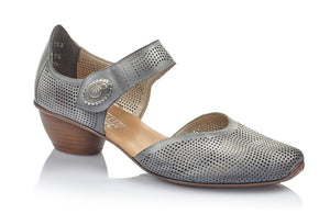 Channel your inner fashionista with the Rieker Mirjam.  Laser cut details highlight the premium leather upper.  Instep strap has an adjustable closure with a decorative medallion.  Soft leather footbed provides cushioning, support and all-day comfort.  Heel height is approximately 1.25 inches.