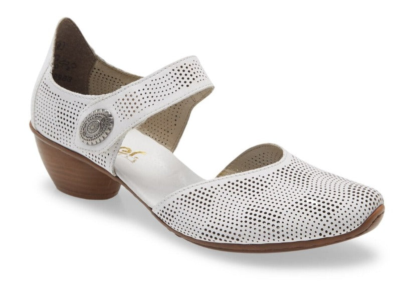 Channel your inner fashionista with the Rieker Mirjam.  Laser cut details highlight the premium leather upper.  Instep strap has an adjustable closure with a decorative medallion. Soft leather footbed provides cushioning, support and all-day comfort.  Heel height is approximately 1.25 inches.