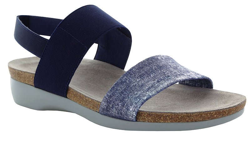 The Munro American Pisces is made of woven leather and fabric on a cork/latex combination footbed with a XL Ultralite outsole. The EU styled footbed sandal is shock absorbent, flexible and slip resistant.  Heel height is approximately 1.5 inches.