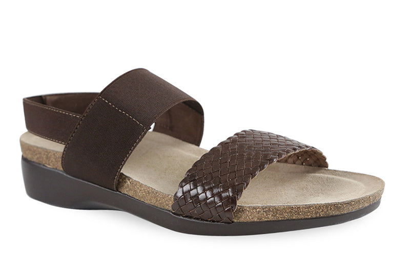 The Munro American Pisces is made of leather and fabric on a cork/latex combination footbed with a XL Ultralite outsole. The EU styled footbed sandal is shock absorbent, flexible and slip resistant.  Heel height is approximately 1.5 inches.