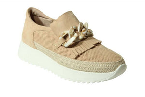 Chain-accent kiltie athleisure shoe. Braided rope trim. Perforated suede upper. Ultra-padded removable insole. Features a 1.5 inch treaded rubber sole. 