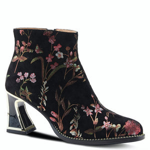 Sultry sophisticated printed suede bootie with an unique, elegant heel and bracelet inspired welt design. Features suede lining, rubber outsole, zipper closure, flexible sole and padded insole. Heel Height: 3 " Platform Height: 3/8" Shaft Height: 5 " Circumference: 9 1/2"  L'Artiste products are made with natural tanned leather using traditional hand painting techniques. This unique finishing process is used to create a natural effect with color variations to deliver authentic look and beauty.