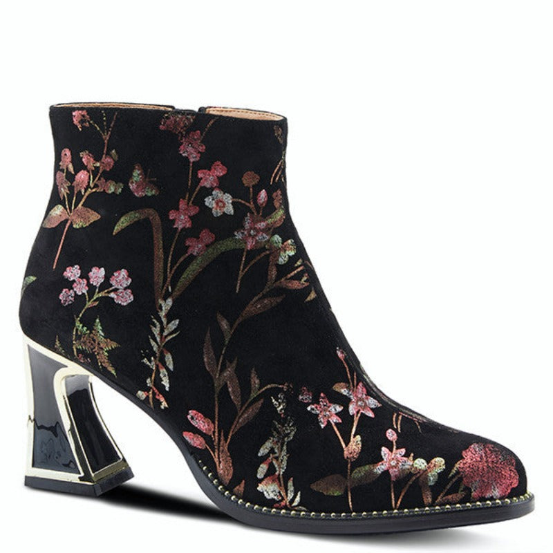 Sultry sophisticated printed suede bootie with an unique, elegant heel and bracelet inspired welt design. Features suede lining, rubber outsole, zipper closure, flexible sole and padded insole. Heel Height: 3 