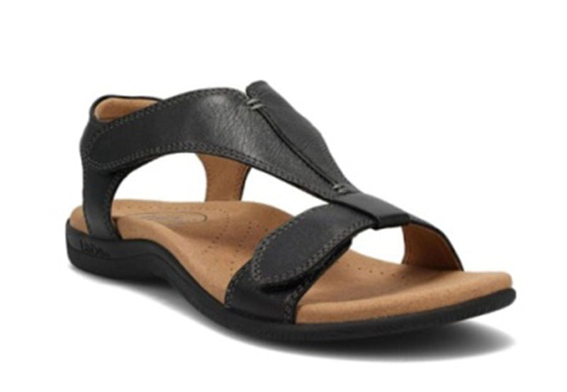 The Show is a lightweight leather sandal made in Spain.  These black sandals are comfortable due to the lightweight padded footbed lined in suede.  Features adjustable hook and loop closures.  The Show is ready for adventure.  Heel height is approximately 1.25 inches.