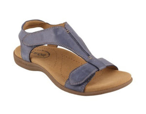 The Show is a lightweight leather sandal made in Spain.  These blue sandals are comfortable due to the lightweight padded footbed lined in suede.  Features adjustable hook and loop closures.  The Show is ready for adventure.  Heel height is approximately 1.25 inches.