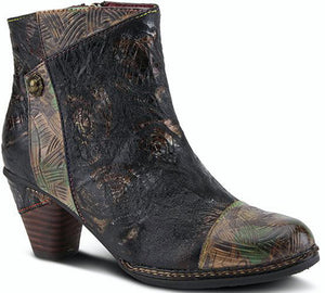 French designed leather bootie featuring a crushed synthetic and embossed look with vibrant rainbow stitching and an antiqued metal ornament.  Features:  Almond toe, premium leather, material-wrapped heel.   Full length inside zipper with a brushed metal zipper pull.