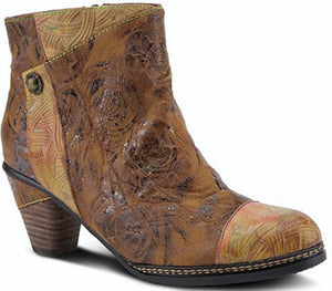 French designed leather bootie featuring a crushed synthetic and embossed look with vibrant rainbow stitching and an antiqued metal ornament.  Features:  Almond toe, premium leather, material-wrapped heel.   Full length inside zipper with a brushed metal zipper pull.