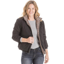 Load image into Gallery viewer, Leopard reversible puffer jacket with pockets.  Reversible black inner lining. 100% polyester machine wash cold, hang to dry fits true to size has side pockets
