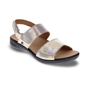 Combining color and texture for a contrast that's both cool and refined, Como is sure to have a place in any woman's wardrobe. Three subtle points of adjustability ensure a perfect fit without gapping or sliding. Adjustable three-strap sandals. Leather lining and insole. Polyurethane insole with textile top cover. Heel height approximately 1 inch.