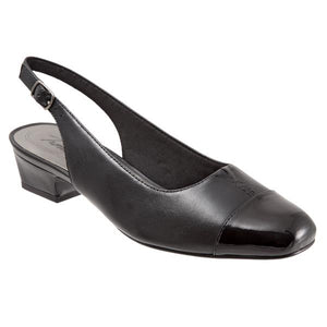 Dea by Trotters is a stylish, low heel dress shoe with an adjustable strap for a great fit.  The classically styled cap toe amps up the style.  Features a cushioned footbed with an anti-impact EVA layer.  Heel height is approximately 1.25 inches.
