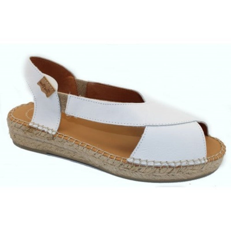 Twin posted peep toe espadrille with elasticized back. Leather linings and leather covered latex padded footbed. Rubber sole and heel. 3/4 inch jute covered platform wedge rises to 1 1/4 inches. Made in Spain.