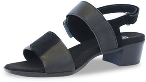 The Frances is a patchwork multi slingback sandal with a fashionable square toe. Features a backstrap with wrapped leather buckle and a hook and loop closure. Heel height is approximately 1.5 inches.