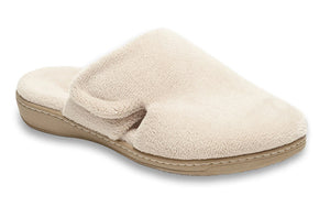 Pamper your feet indoors with these soft and comfy spa-style mule slippers with hook-and-loop adjustable closure. Featuring the same tried and tested Vionic technology as our sandals, active and closed-in styles, Vionic slippers offer everyday support for at-home wear. Footbed is covered with 100% polyester terrycloth and terry upper/lining features an adjustable hook-and-loop closure for easy on and off. Podiatrist-designed, biomechanically contoured arch support and deep heel