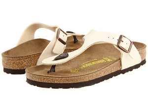 The Birkenstock Gizeh is perfect for day or evening.  Easy care Birko-Flor upper in a classic thong silhouette with an adjustable buckle for the perfect fit.  Upper is made of acrylic and polyamide felt fibers with a leather-like texture on top and a soft fabric underneath against the skin. 
