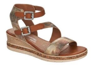 The Jerilyn by Rieker is a fun strappy sandal and part of the Remonte collection. A low, lightweight wedge sandal with a velvety molded footbed features dual adjustable straps for easy comfort and style.  Heel height is approximately 2 inches.