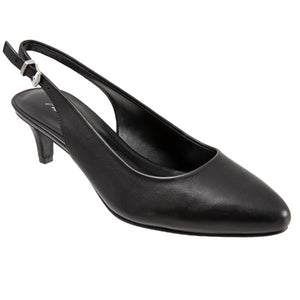 Keely by Trotters is a slingback pump with a kitten heel.  Features a memory foam cushioned footbed, adjustable buckle and a lightweight flexible sole.  Heel height is approximately 2 inches.