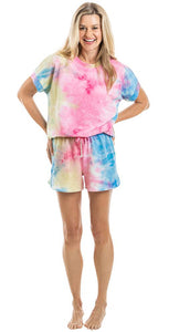 Pink, yellow and blue tie dye loungewear set. Made with a soft cotton blend.