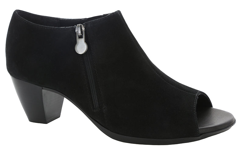 The Munro Luisa is a sleek and chic open-toe bootie crafted in suede and set on a stacked block heel.  This bootie features a molded shock-absorbing insole, side zip closure and a flexible slip-resistant sole.  Heel height is approximately 2 inches.