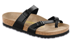 The Birkenstock Mayari is a fashionable cross strap with toe loop and a fully adjustable strap for that perfect fit.  Birki-Flor upper is made of a durable, synthetic upper material with leather-like finish & soft backing.   The original anatomically correct cork Birkenstock footbed crafted from cork that is 100% renewable and sustainable.  The footbed features a pronounced arch support, deep heel cup and roomy toe box.