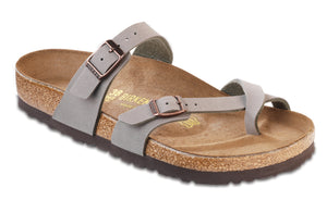 The Birkenstock Mayari is a fashionable cross strap with toe loop and a fully adjustable strap for that perfect fit.  Birki-Flor upper is made of a durable, synthetic upper material with leather-like finish & soft backing.   The original anatomically correct cork Birkenstock footbed crafted from cork that is 100% renewable and sustainable.  The footbed features a pronounced arch support, deep heel cup and roomy toe box.