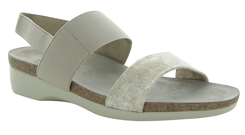 The Munro American Pisces is made of woven leather and fabric on a cork/latex combination footbed with a XL Ultralite outsole. The EU styled footbed sandal is shock absorbent, flexible and slip resistant.  Heel height is approximately 1.5 inches.