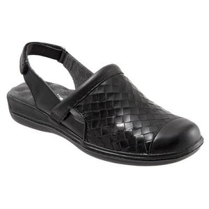 The Salina is a full toe coverage fashionable sling.    This woven leather slip-on features an adjustable back strap and patented eggcrate footbed that cushions every step.  This style has a suede leather footbed lining and lightweight sole.  Heel height is approximately 1.5 inches. 