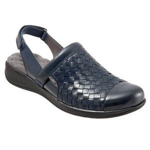The Salina is a full toe coverage fashionable sling.    This woven leather slip-on features an adjustable back strap and patented eggcrate footbed that cushions every step.  This style has a suede leather footbed lining and lightweight sole.  Heel height is approximately 1.5 inches. 
