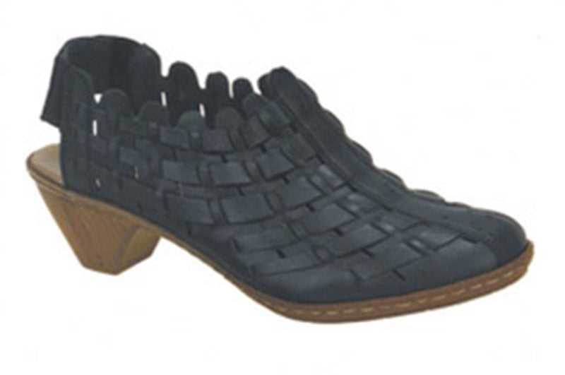 Create a look of trendsetting style and chic fashion in the Sina 78 from Rieker.  Features a leather upper with beautiful leather weaving for a look that is fashionably unique.  Stretch goring on the back strap provides easy on and off wear and a secure fit every time.