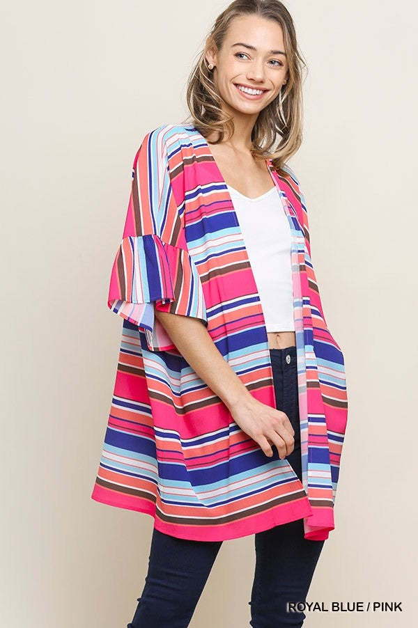Fun multi-colored striped bell sleeve Kimono. Features fuchsia, coral and blues.